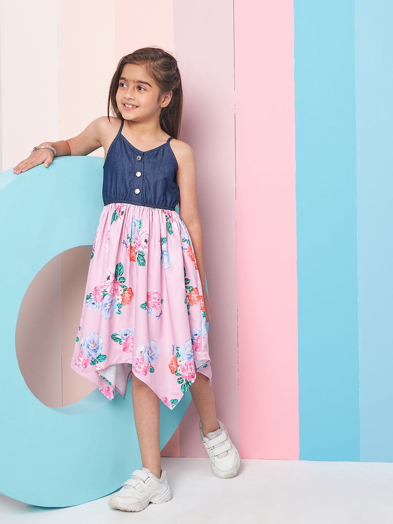 Girls Shoulder Straps Floral Print Denim A-Line Midi Dress