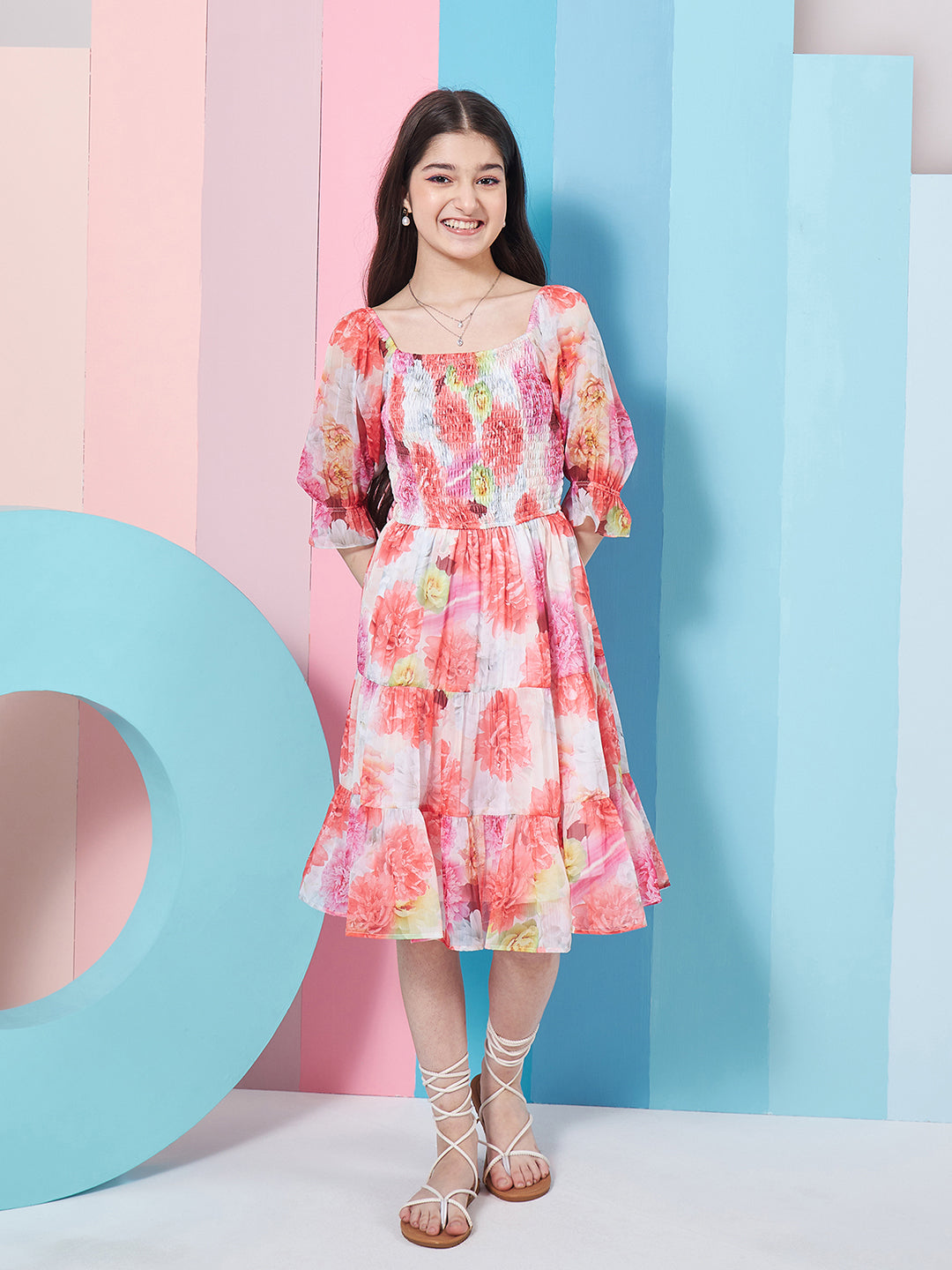 Girls Floral Print Puff Sleeve Chiffon Fit Flare Dress - PS Peaches