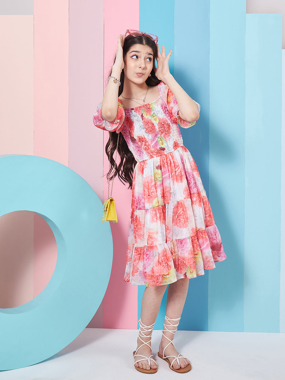 Girls Floral Print Puff Sleeve Chiffon Fit Flare Dress - PS Peaches