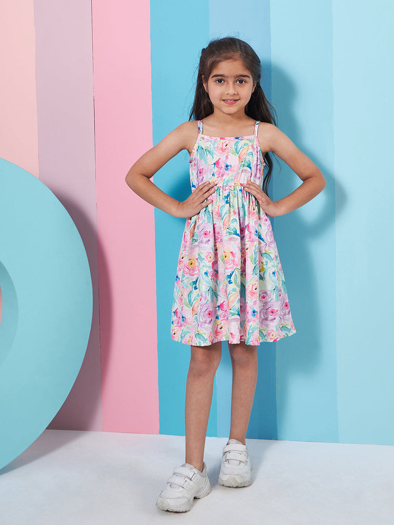 Girls Floral Print Shoulder Strap Georgette Fit Flare Dress