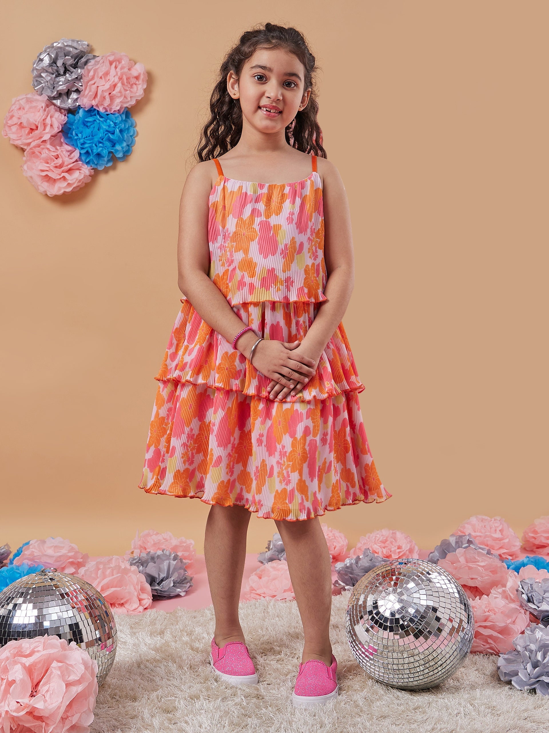 Girls Floral Printed Layered Fit Flare Dress - PS Peaches