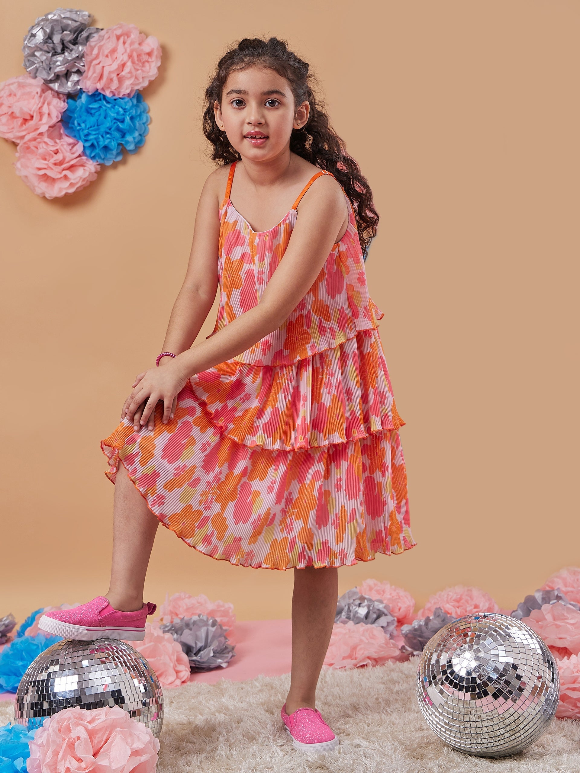 Girls Floral Printed Layered Fit Flare Dress - PS Peaches