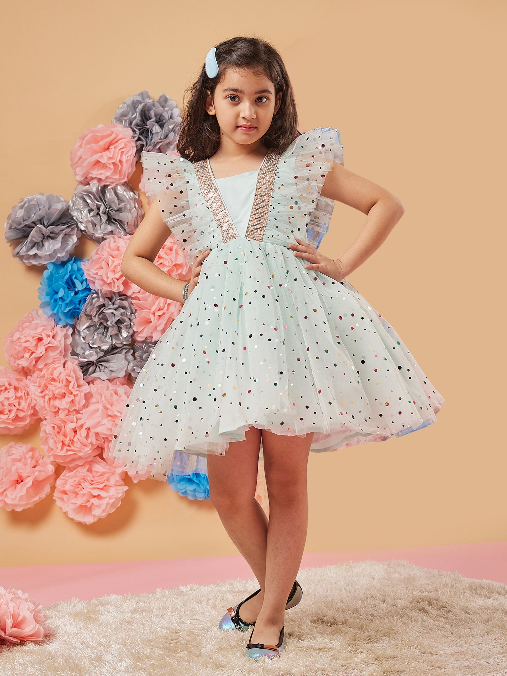Girls Polka Dot Printed Gathered Net Fit Flare Dress 3-4 Y / Blue / Net | Trendia Global Girls Polka Dot Printed Gathered Net Fit Flare Dress 3-4 Y / Blue / Net | Trendia Global