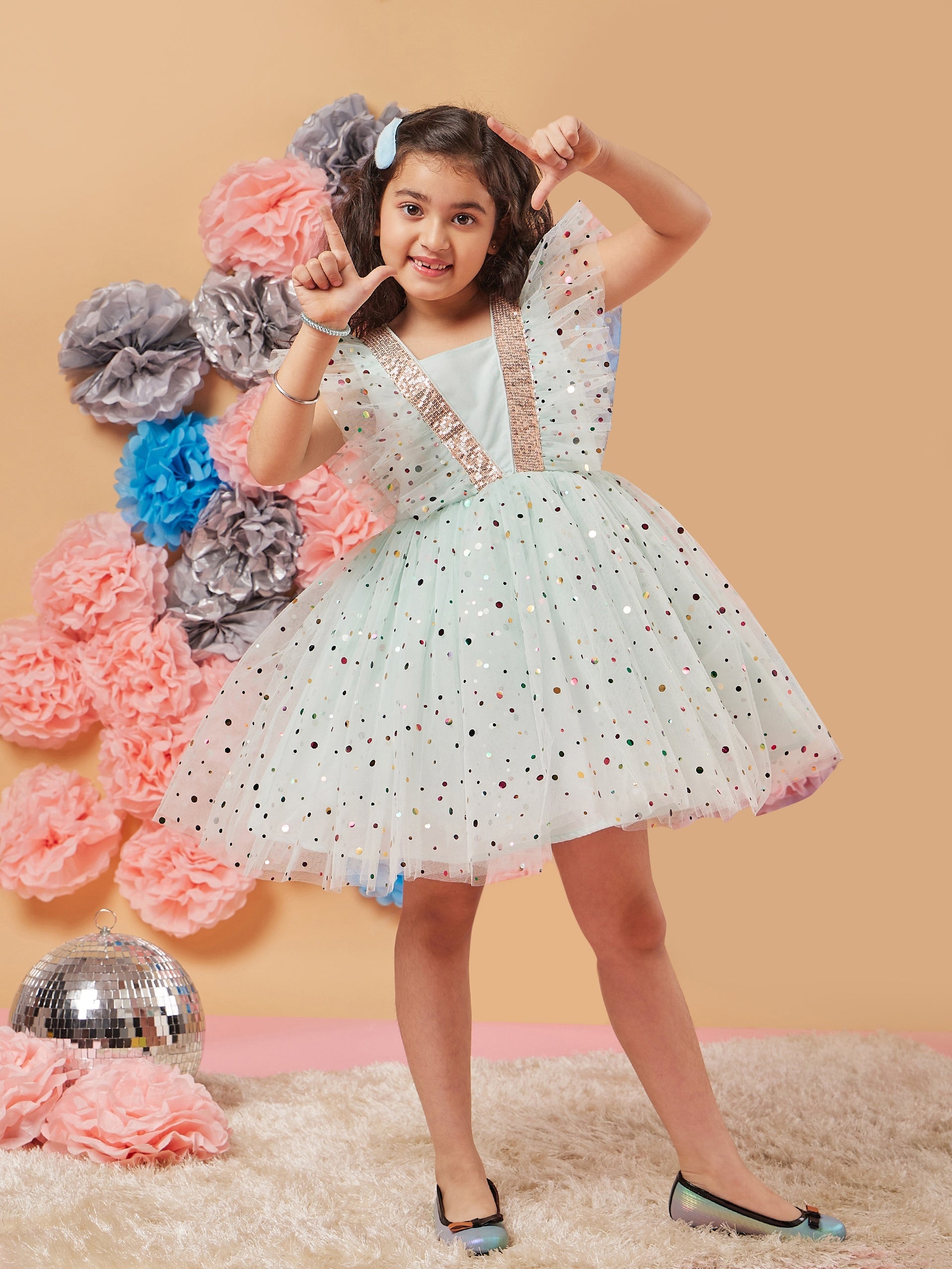 Girls Polka Dot Printed Gathered Net Fit Flare Dress - PS Peaches
