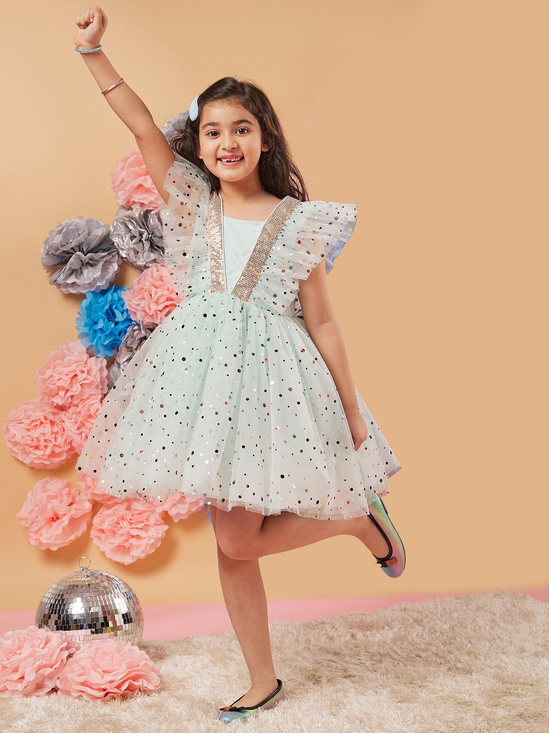 Girls Polka Dot Printed Gathered Net Fit Flare Dress - PS Peaches
