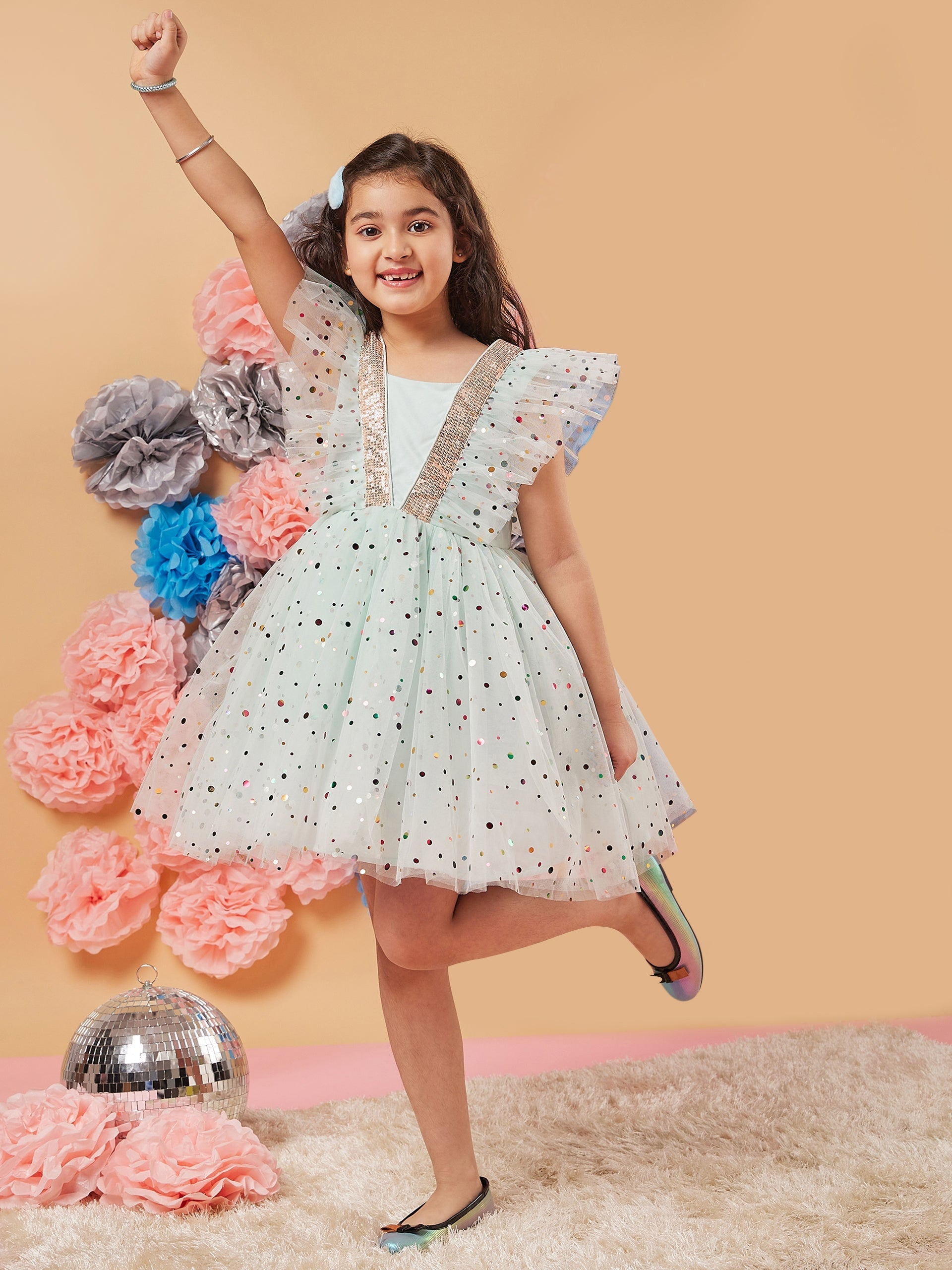 Girls Polka Dot Printed Gathered Net Fit Flare Dress 3-4 Y / Blue / Net | Trendia Global Girls Polka Dot Printed Gathered Net Fit Flare Dress 3-4 Y / Blue / Net | Trendia Global