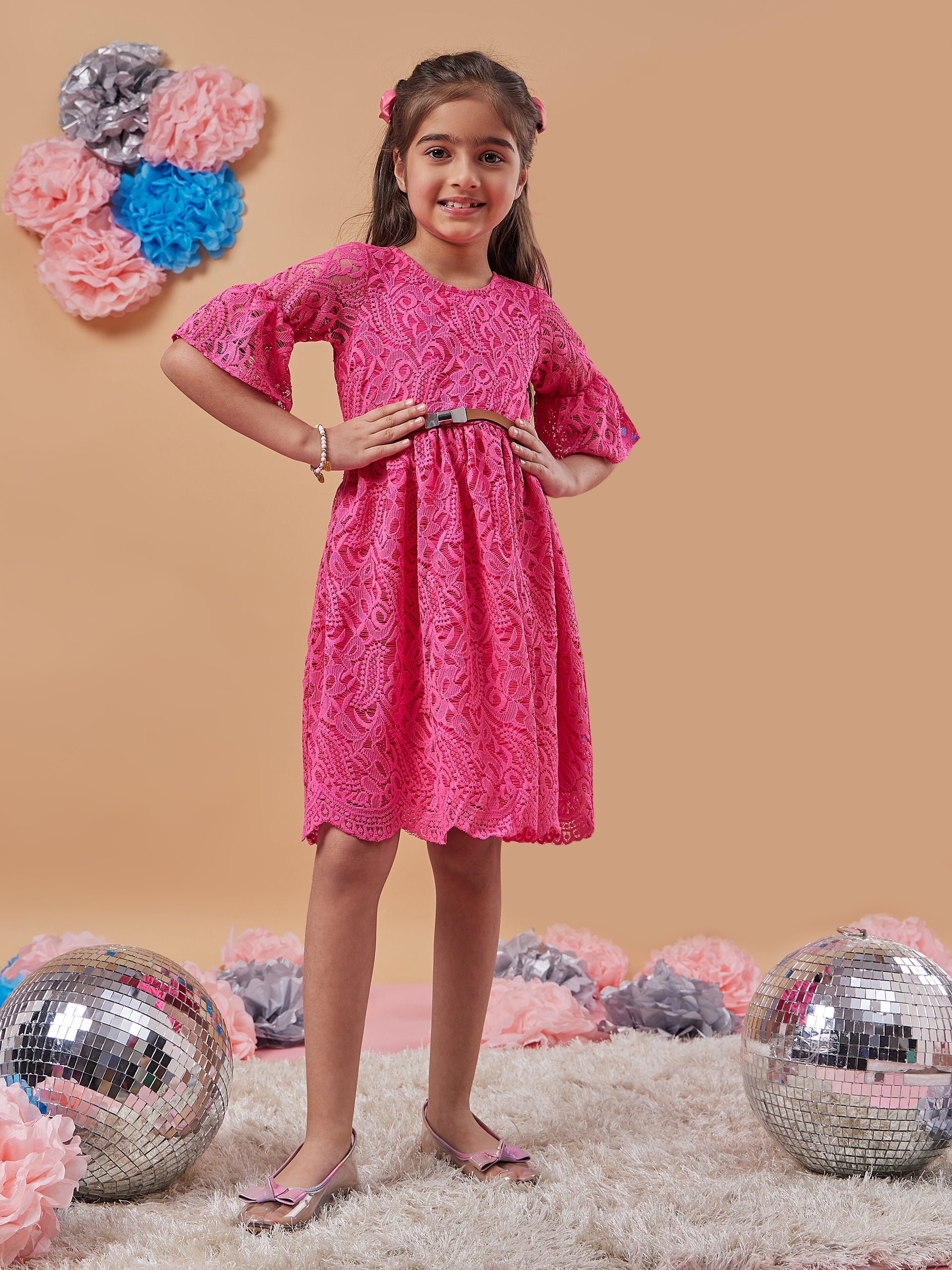 Girls Self Design Bell Sleeve Lace Fit Flare Dress 3-4 Y / Pink / Lace | Trendia Global Girls Self Design Bell Sleeve Lace Fit Flare Dress 3-4 Y / Pink / Lace | Trendia Global