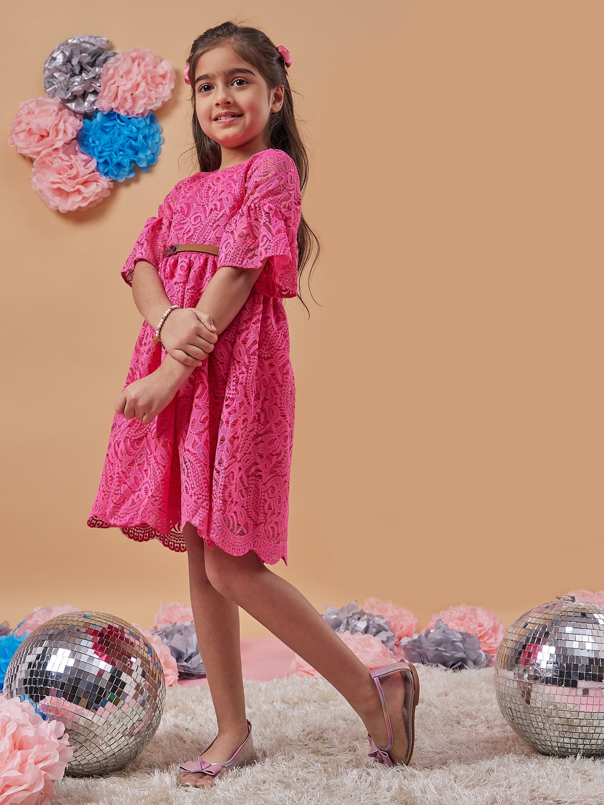 Girls Self Design Bell Sleeve Lace Fit Flare Dress - PS Peaches