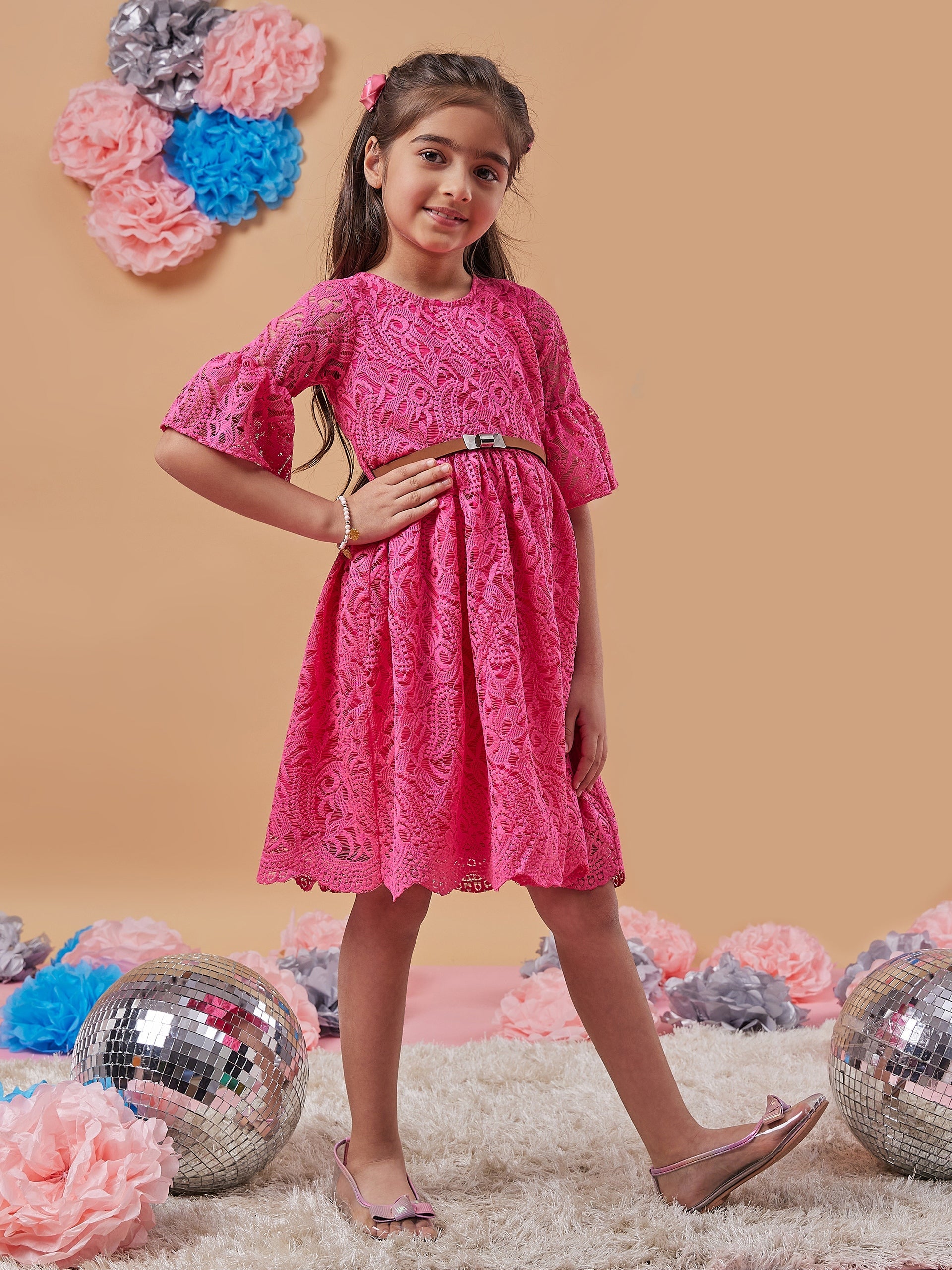 Girls Self Design Bell Sleeve Lace Fit Flare Dress - PS Peaches