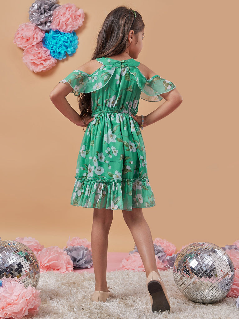 Girls Floral Printed Cold-Shoulder Sleeves Fit Flare Dress
