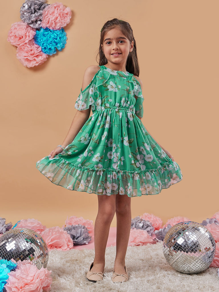 Girls Floral Printed Cold-Shoulder Sleeves Fit Flare Dress