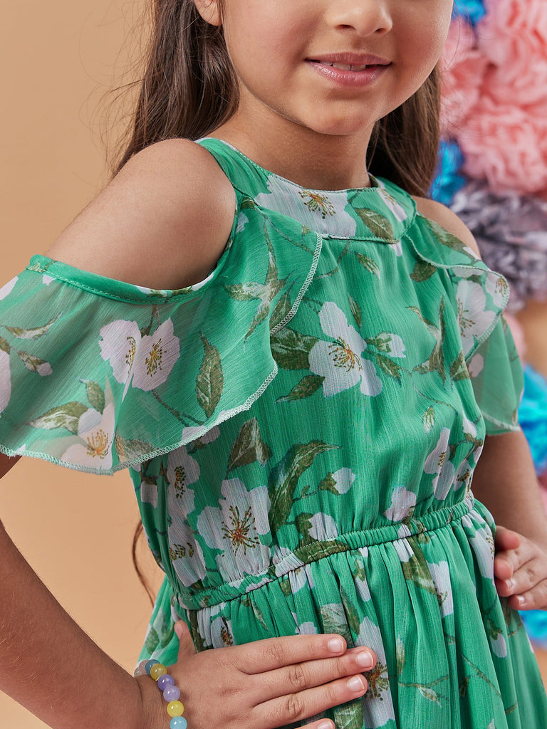 Girls Floral Printed Cold-Shoulder Sleeves Fit Flare Dress