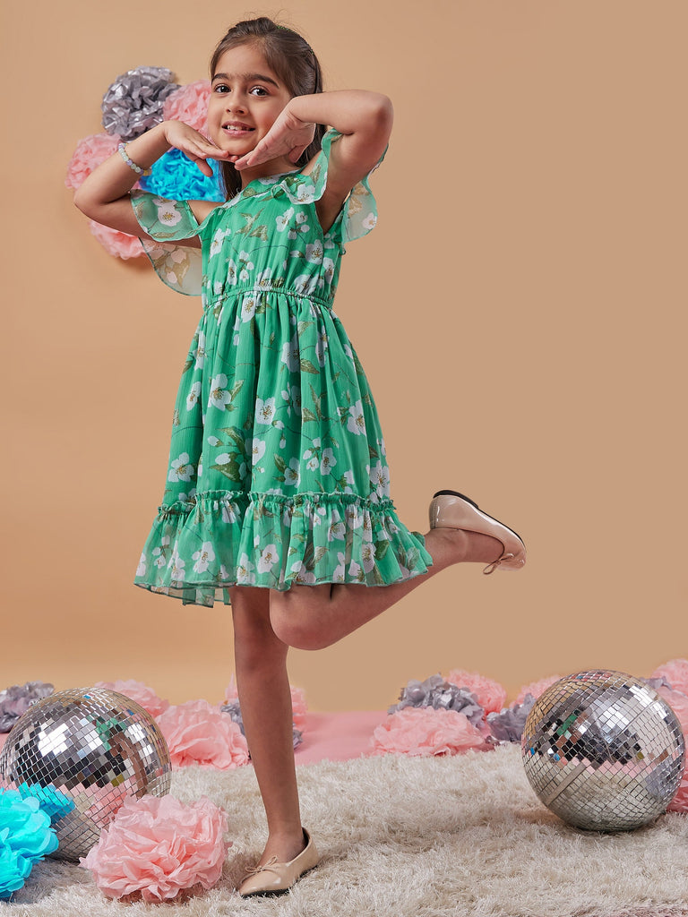 Girls Floral Printed Cold-Shoulder Sleeves Fit Flare Dress