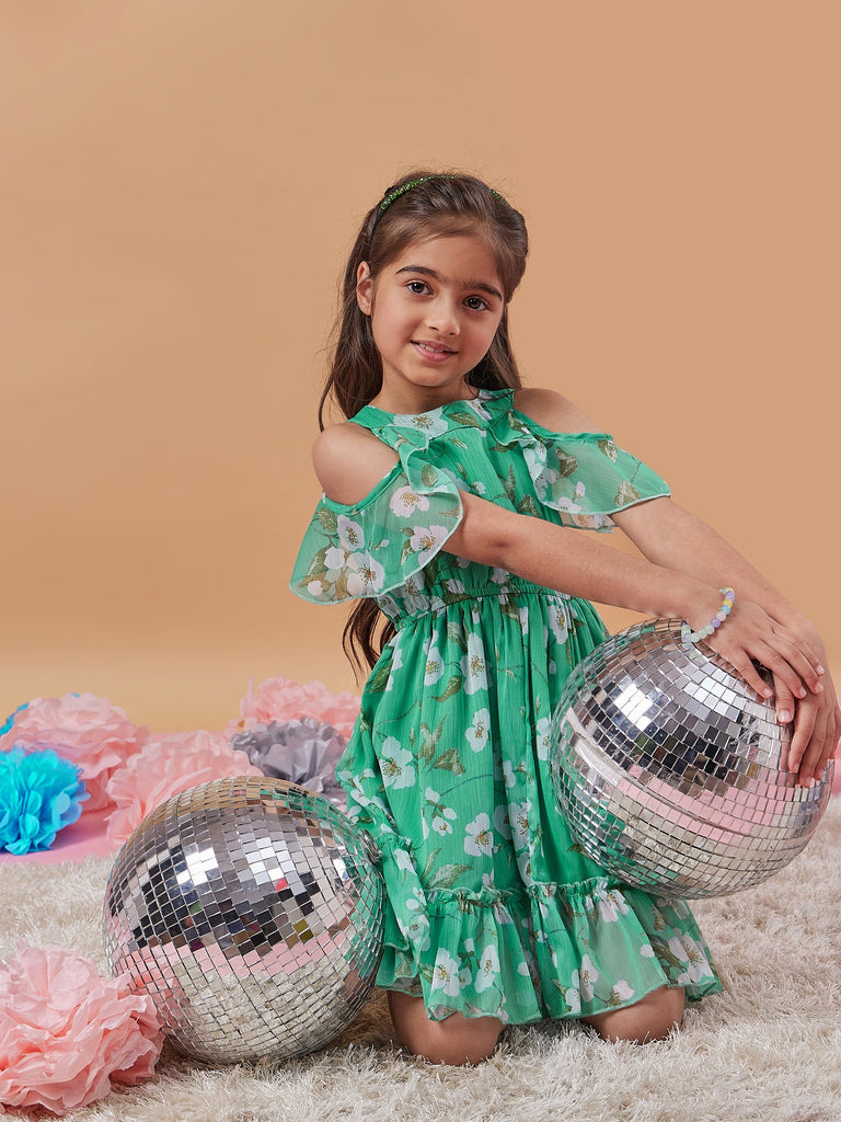 Girls Floral Printed Cold-Shoulder Sleeves Fit Flare Dress