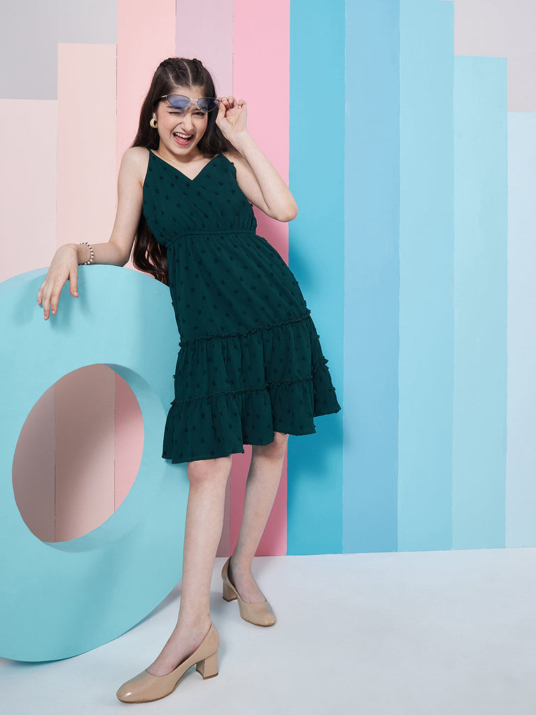 Girls Self Design Shoulder Strap Georgette Fit Flare Dress