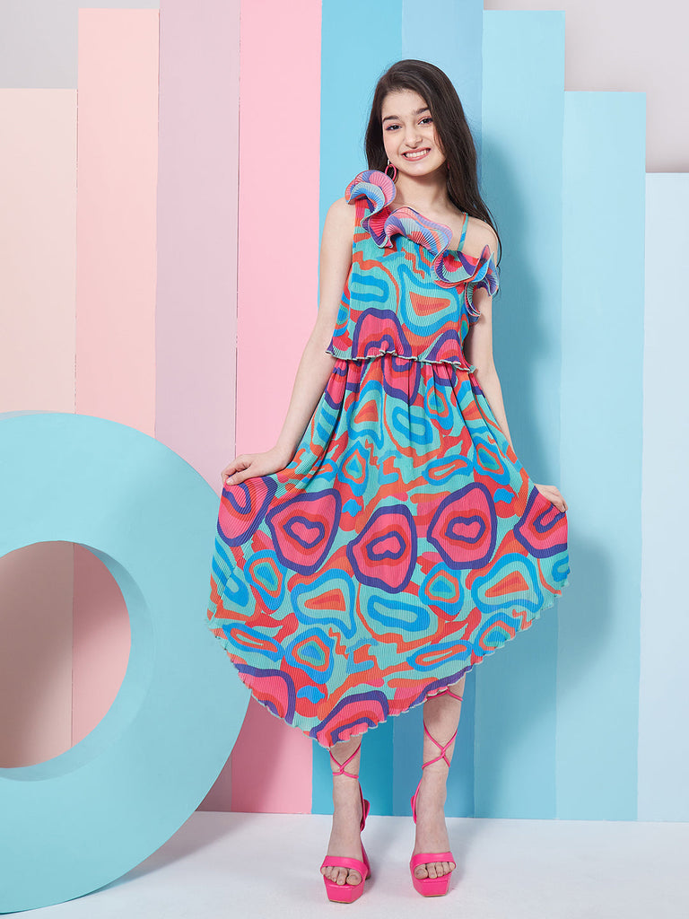 Girls Abstract Printed One Shoulder Georgette Fit Flare Midi Dress