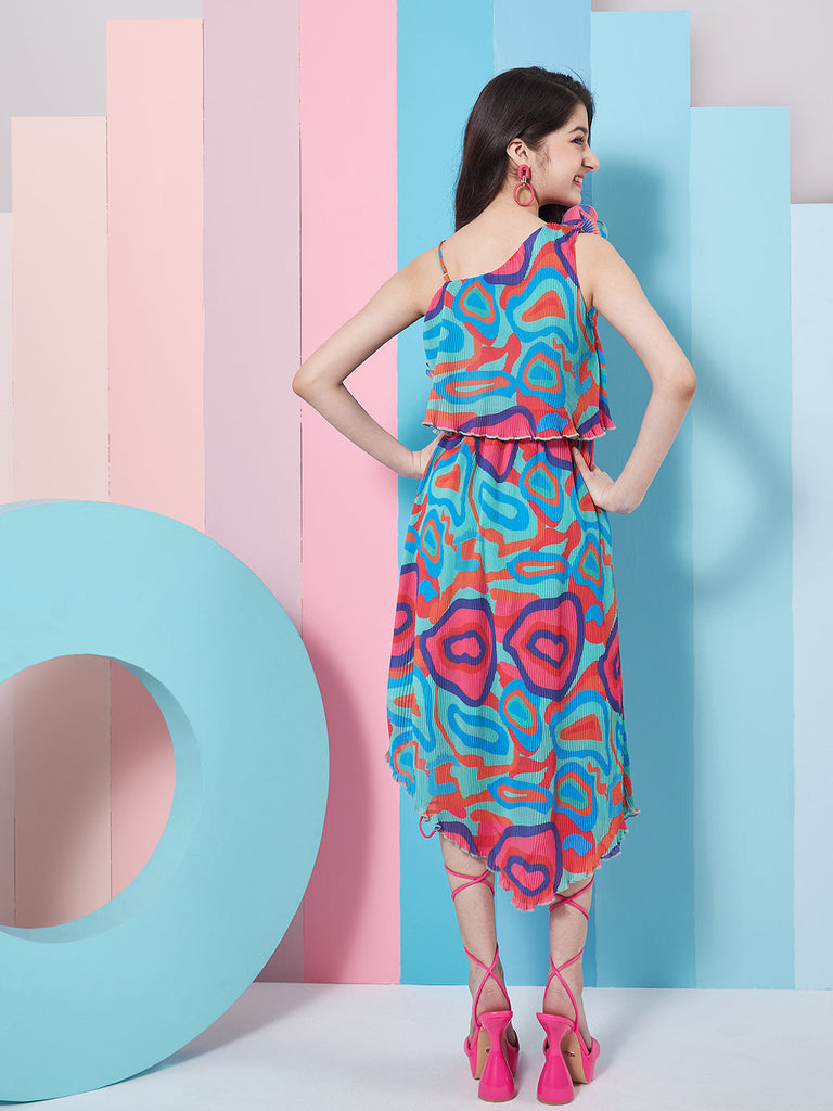 Girls Abstract Printed One Shoulder Georgette Fit Flare Midi Dress