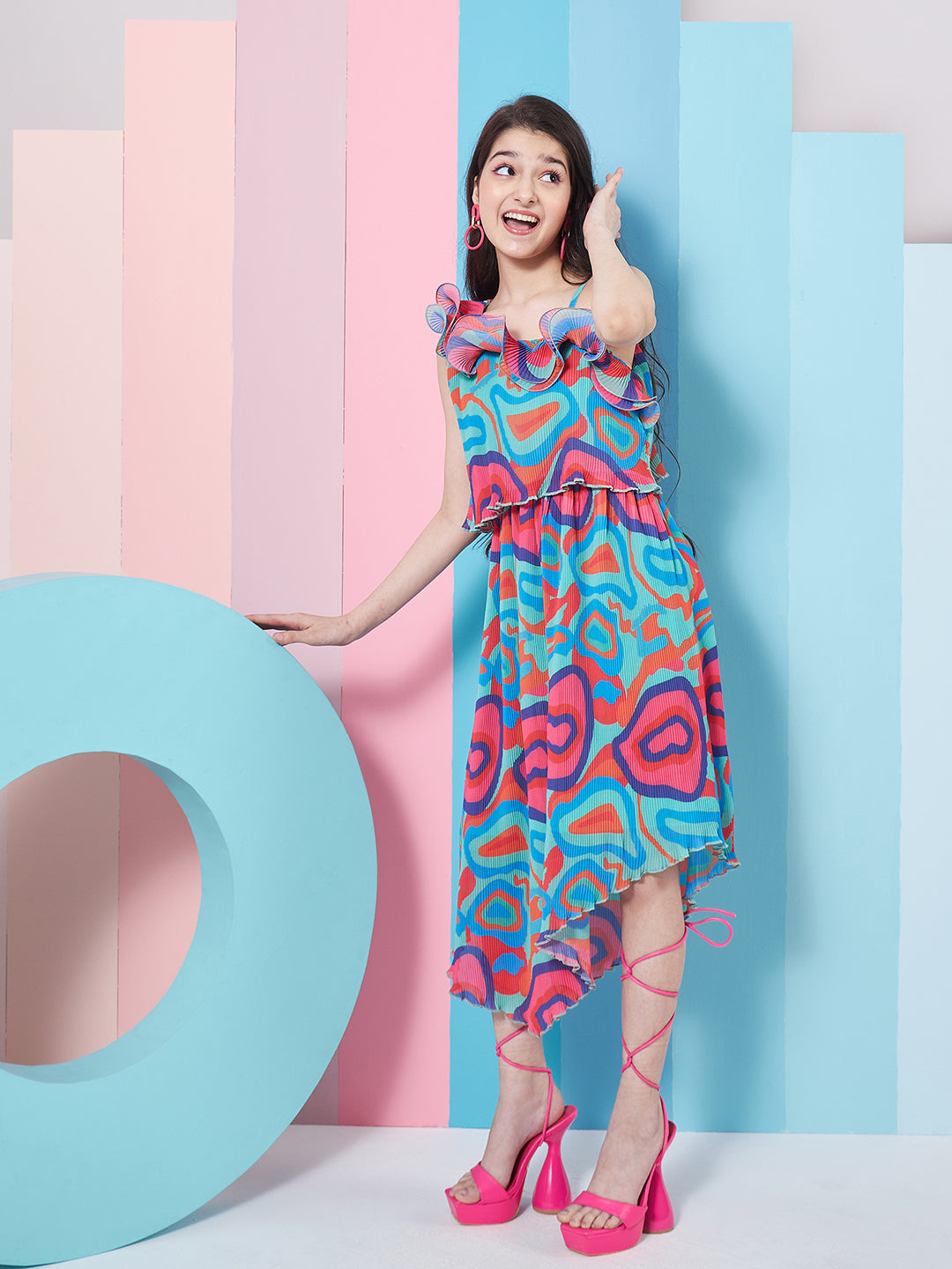 Girls Abstract Printed One Shoulder Georgette Fit Flare Midi Dress - PS Peaches