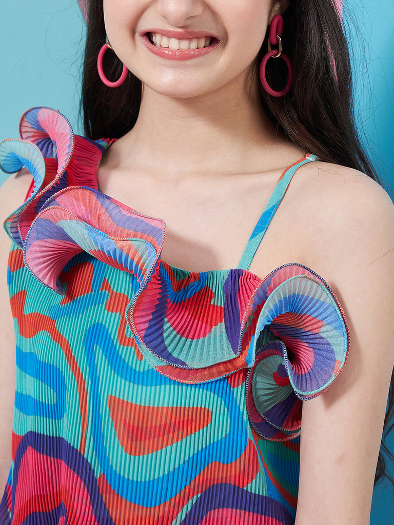 Girls Abstract Printed One Shoulder Georgette Fit Flare Midi Dress