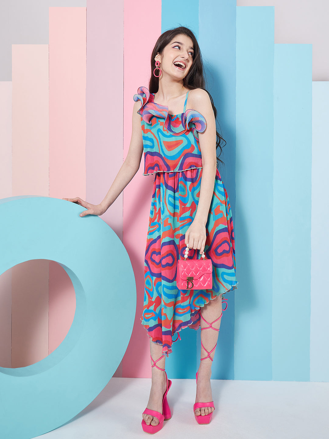 Girls Abstract Printed One Shoulder Georgette Fit Flare Midi Dress - PS Peaches