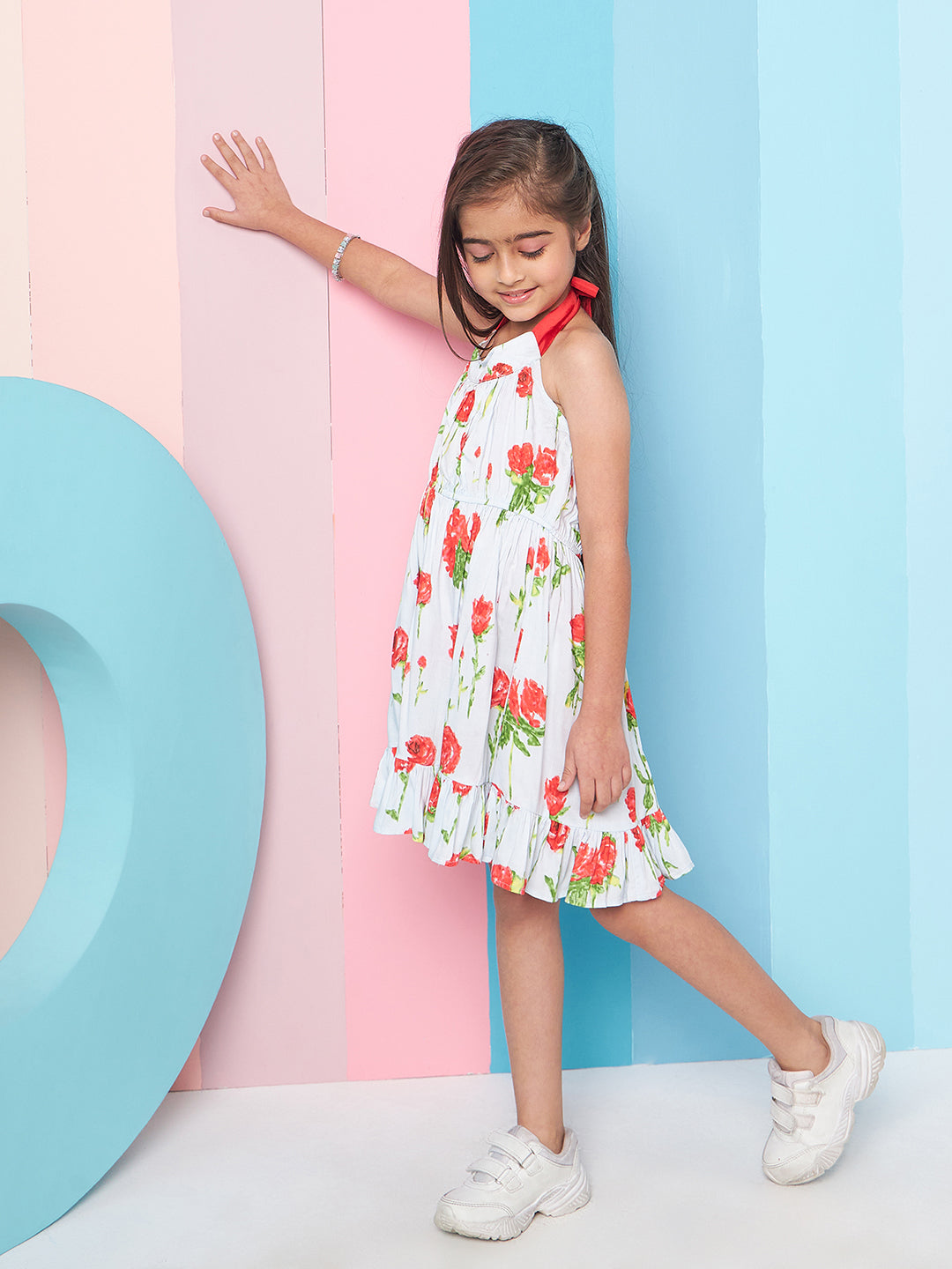 Girls Floral Printed Halter Neck Cotton A-Line Dress - PS Peaches