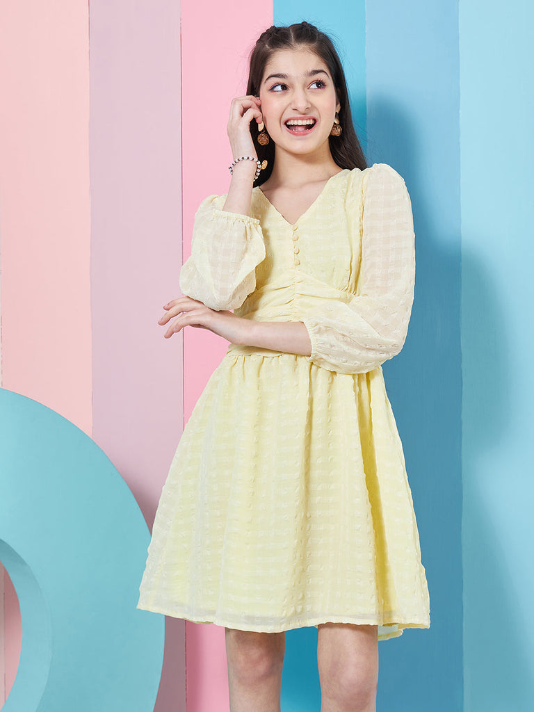 Girls Self Design Puff Sleeve Georgette Fit Flare Dress
