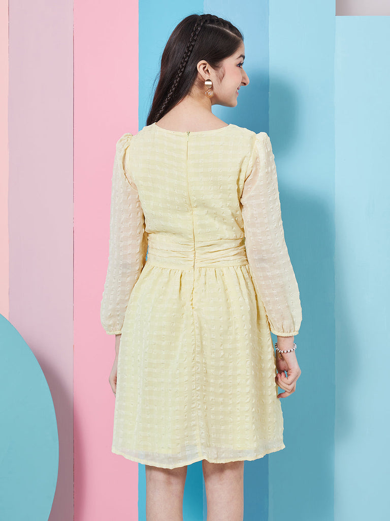 Girls Self Design Puff Sleeve Georgette Fit Flare Dress