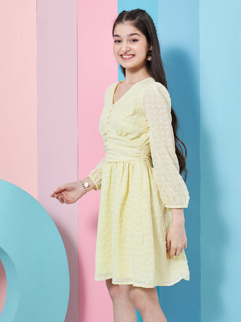 Girls Self Design Puff Sleeve Georgette Fit Flare Dress