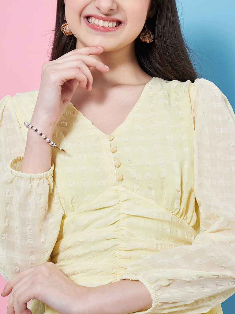 Girls Self Design Puff Sleeve Georgette Fit Flare Dress