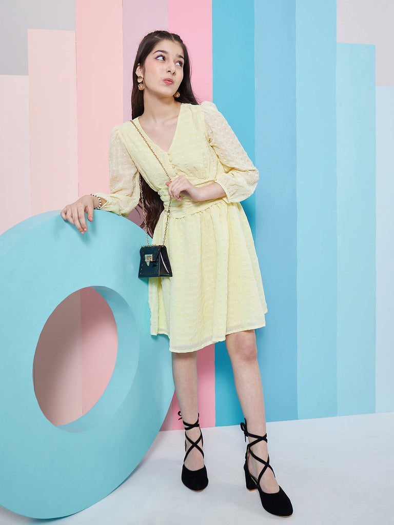 Girls Self Design Puff Sleeve Georgette Fit Flare Dress