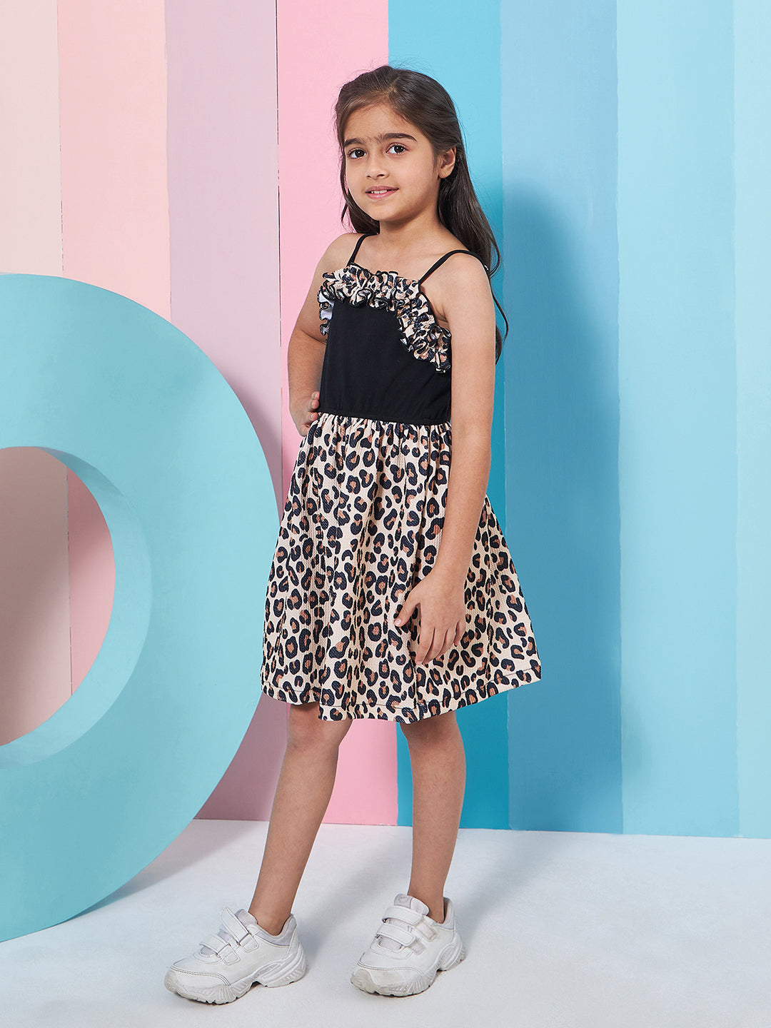 Girls Abstract Printed Shoulder Straps Fit Flare Dress - PS Peaches
