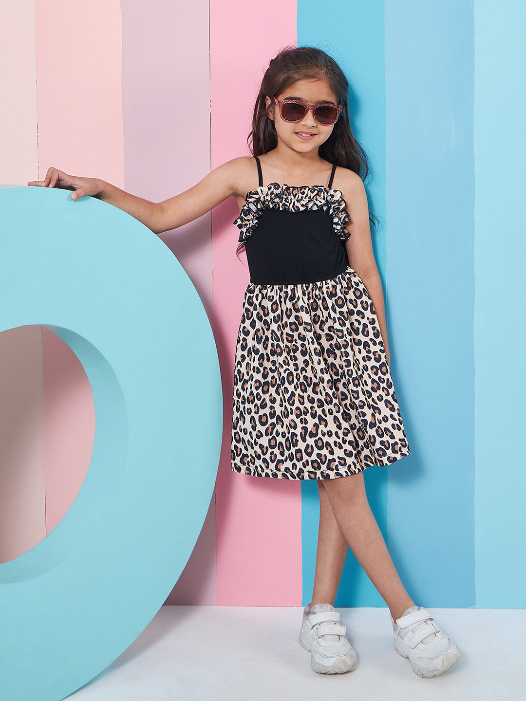 Girls Abstract Printed Shoulder Straps Fit Flare Dress - PS Peaches