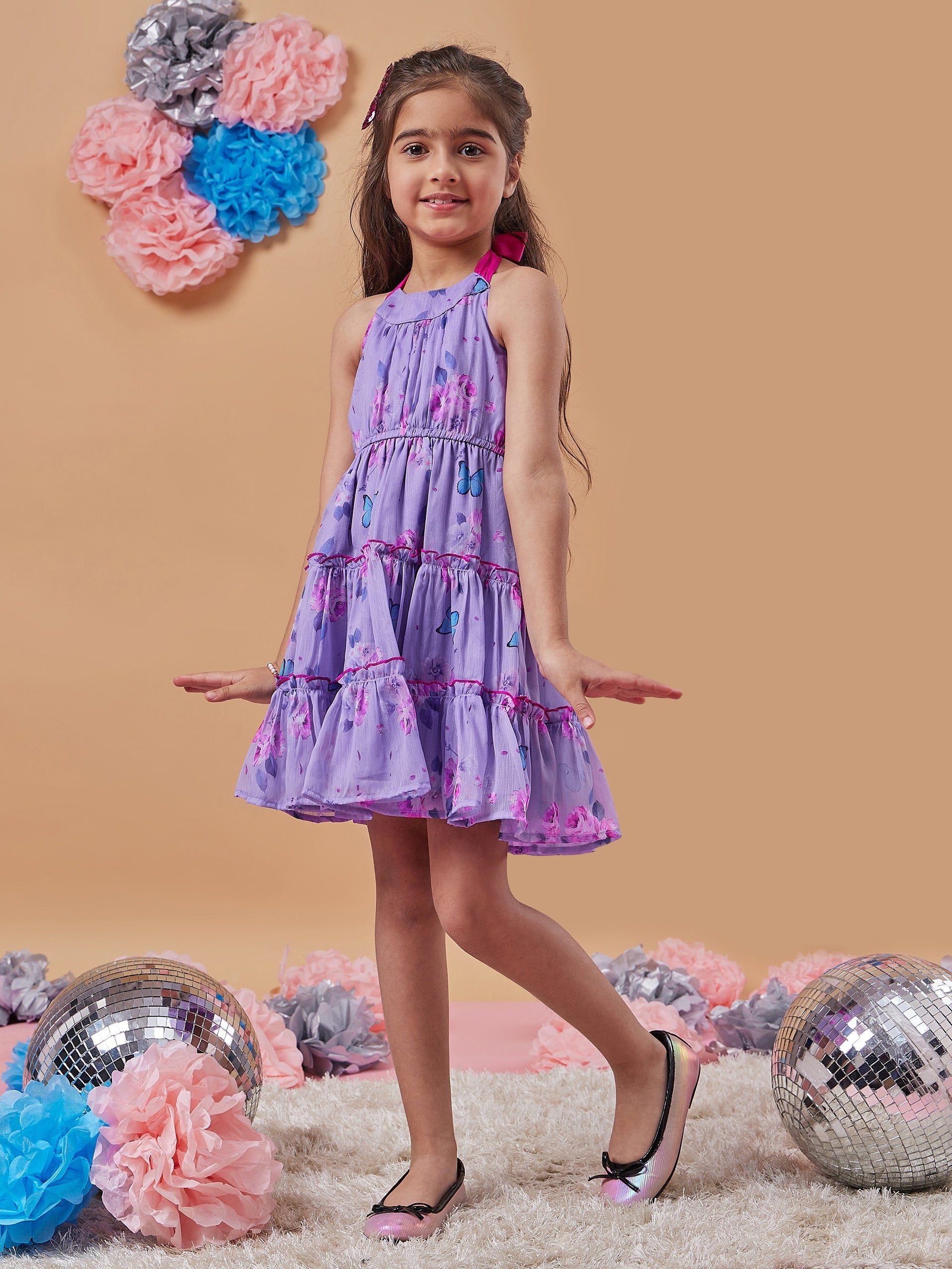 Girls Floral Printed Halter Neck Chiffon A-Line Dress - PS Peaches