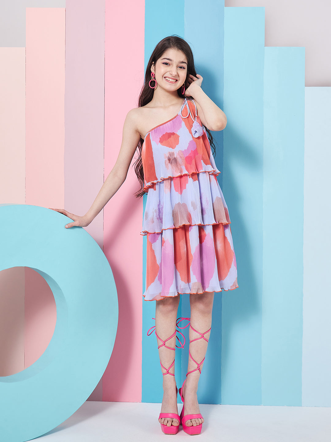 Girls Abstract Printed One Shoulder Georgette A-Line Dress - PS Peaches