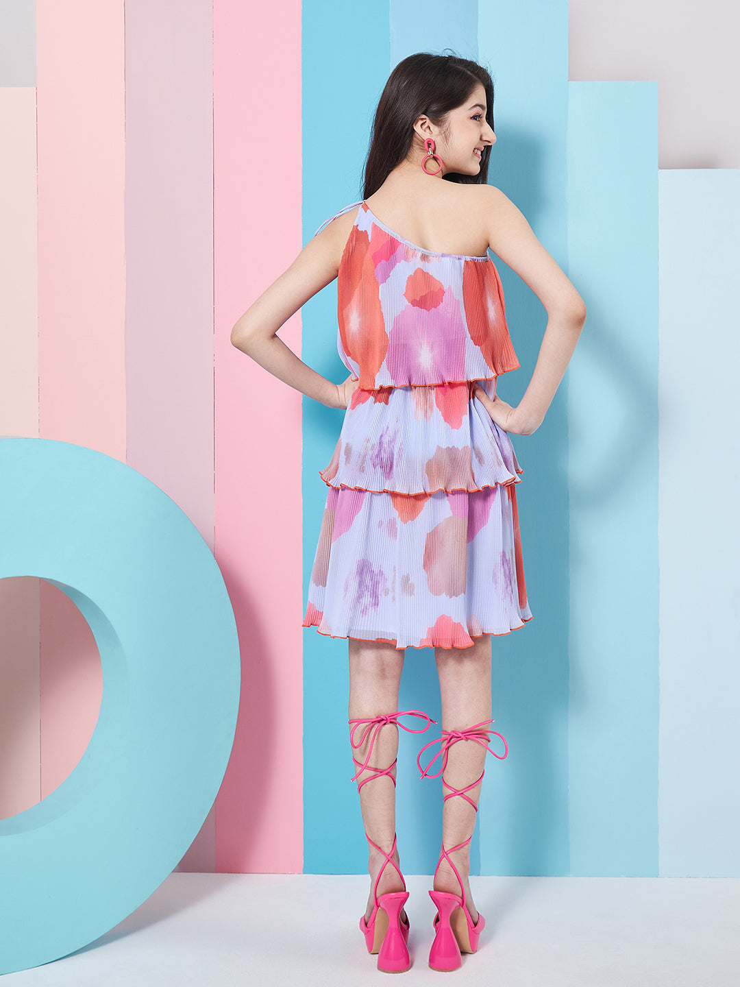 Girls Abstract Printed One Shoulder Georgette A-Line Dress