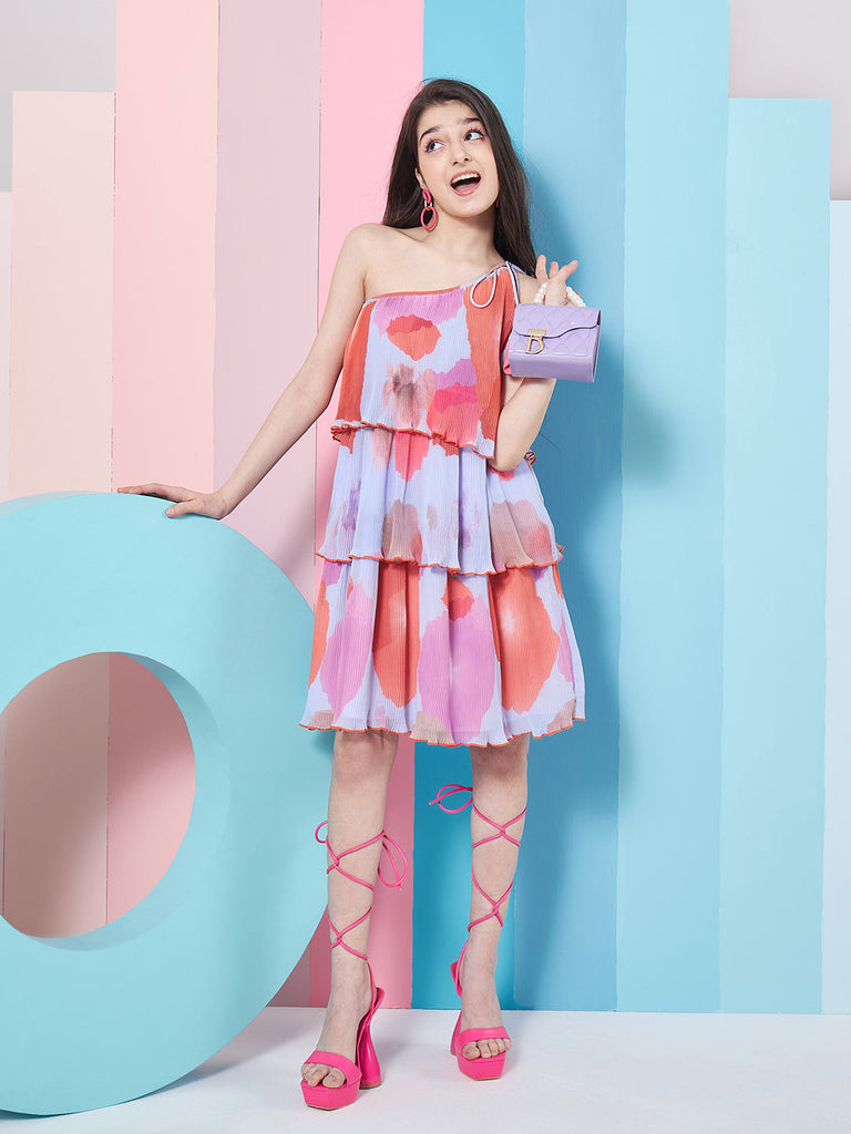 Girls Abstract Printed One Shoulder Georgette A-Line Dress