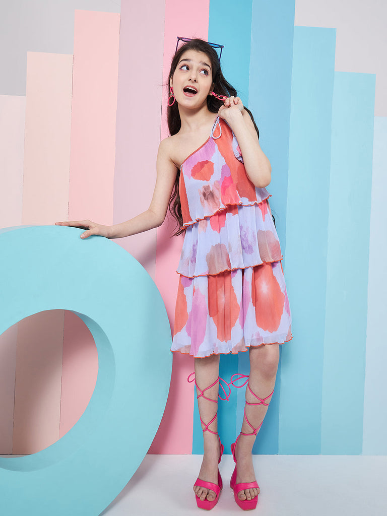 Girls Abstract Printed One Shoulder Georgette A-Line Dress