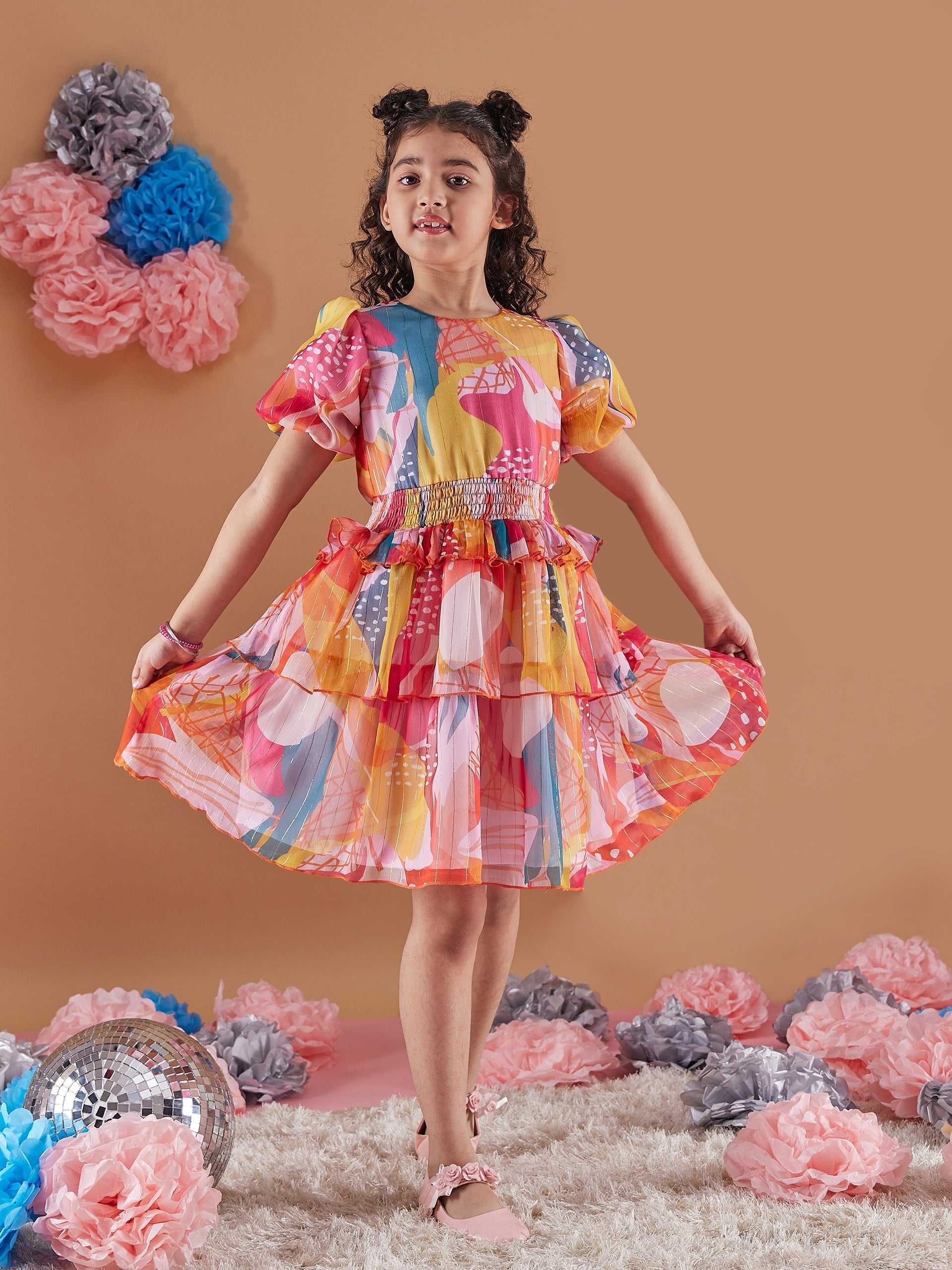 Girls Abstract Print Puff Sleeves Chiffon Fit Flare Dress - PS Peaches