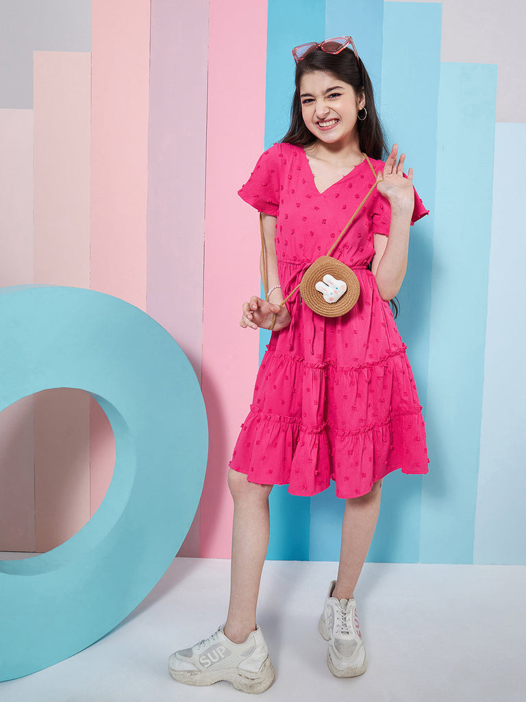 Girls Self Design V-Neck Flutter Sleeve Georgette Fit Flare Dress