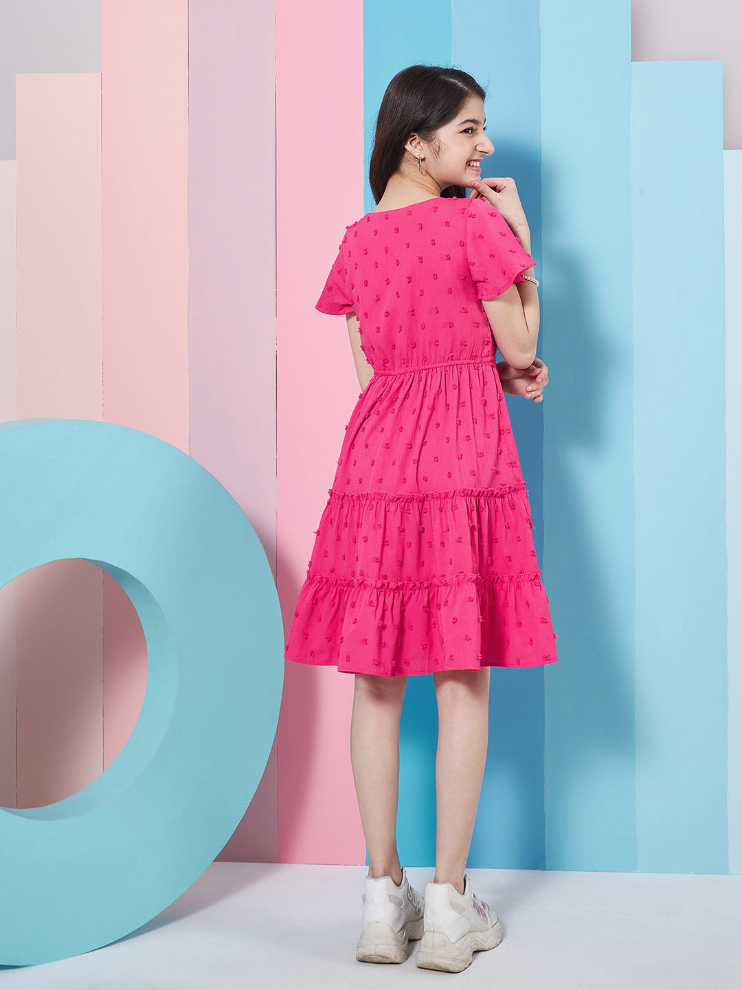 Girls Self Design V-Neck Flutter Sleeve Georgette Fit Flare Dress - PS Peaches