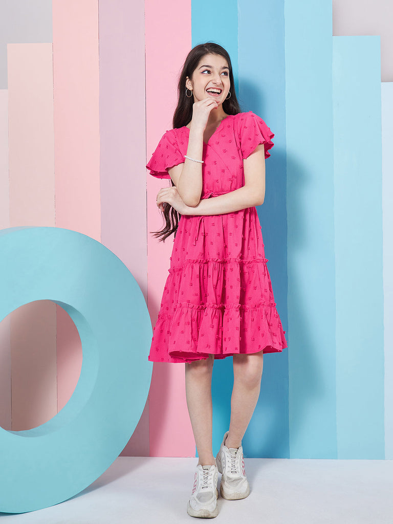 Girls Self Design V-Neck Flutter Sleeve Georgette Fit Flare Dress