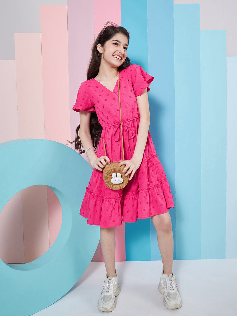 Girls Self Design V-Neck Flutter Sleeve Georgette Fit Flare Dress