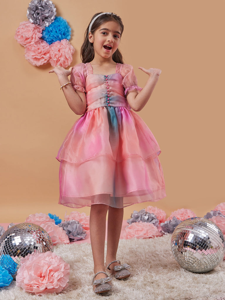 Girls Square Neck Short Puff Sleeves Fit Flare Dress