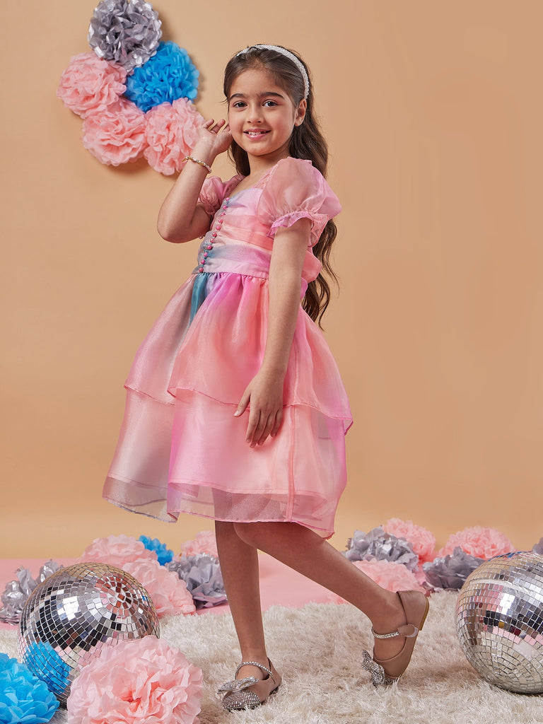 Girls Square Neck Short Puff Sleeves Fit Flare Dress