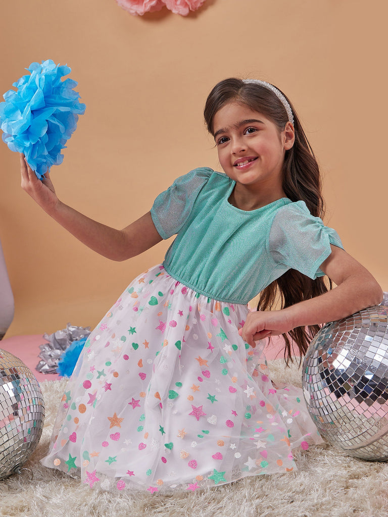 Girls Polka Dot Printed Net A-Line Dress