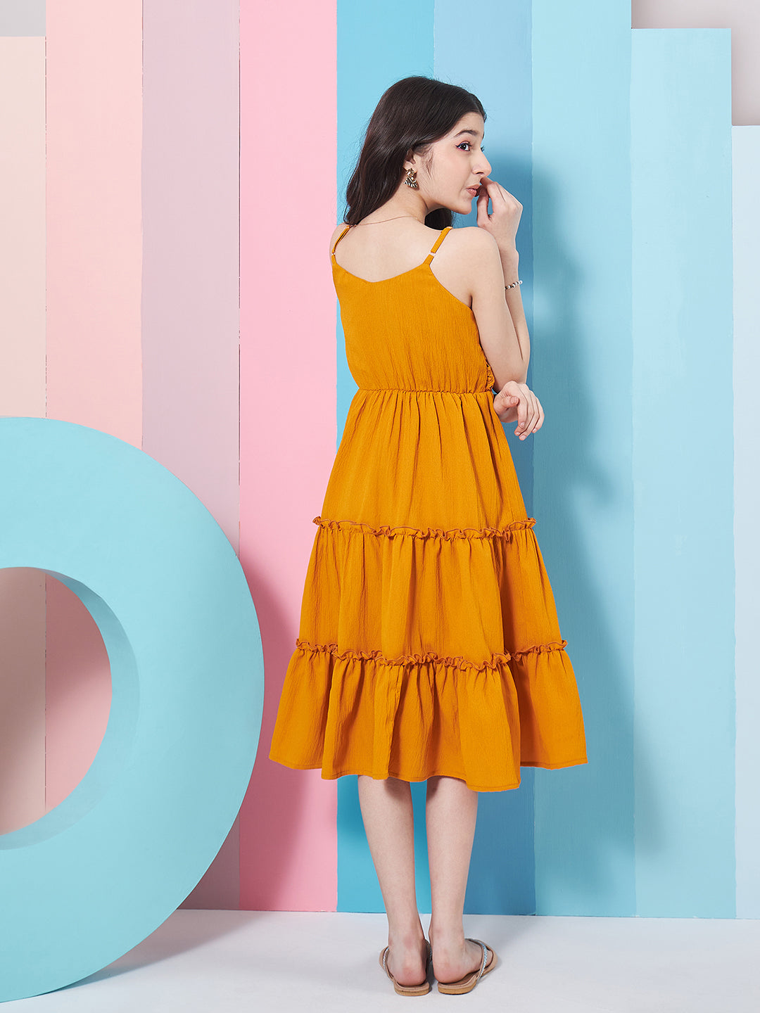 Girls Self Design Shoulder Strap Crepe Fit Flare Midi Dress - PS Peaches