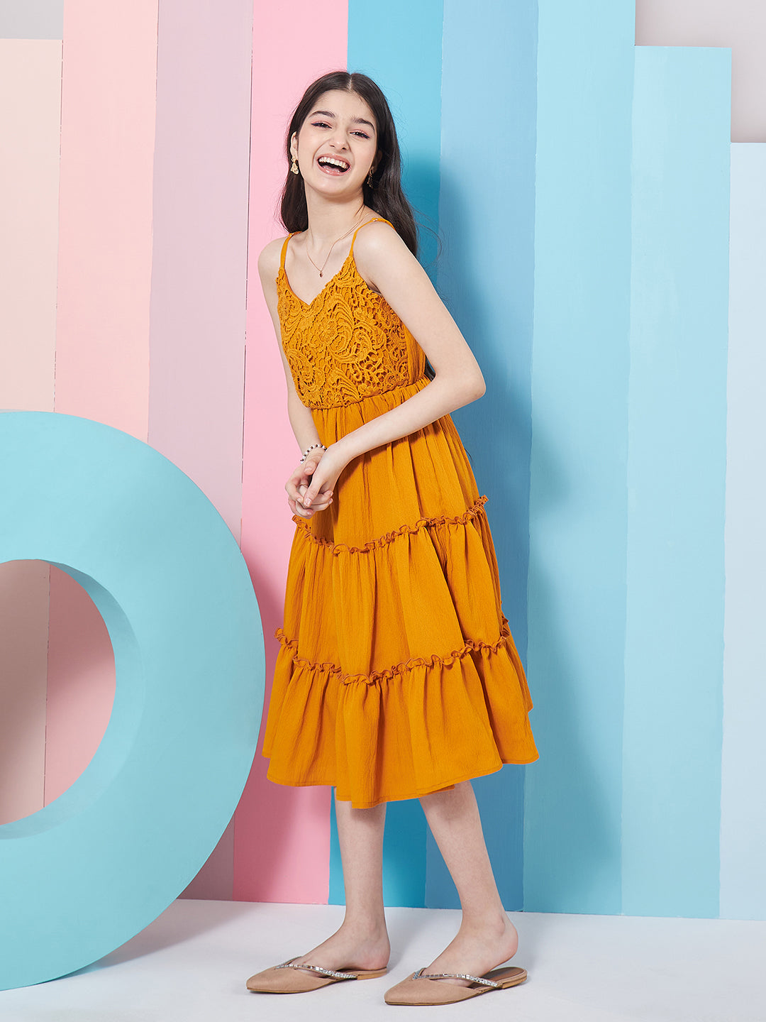 Girls Self Design Shoulder Strap Crepe Fit Flare Midi Dress - PS Peaches