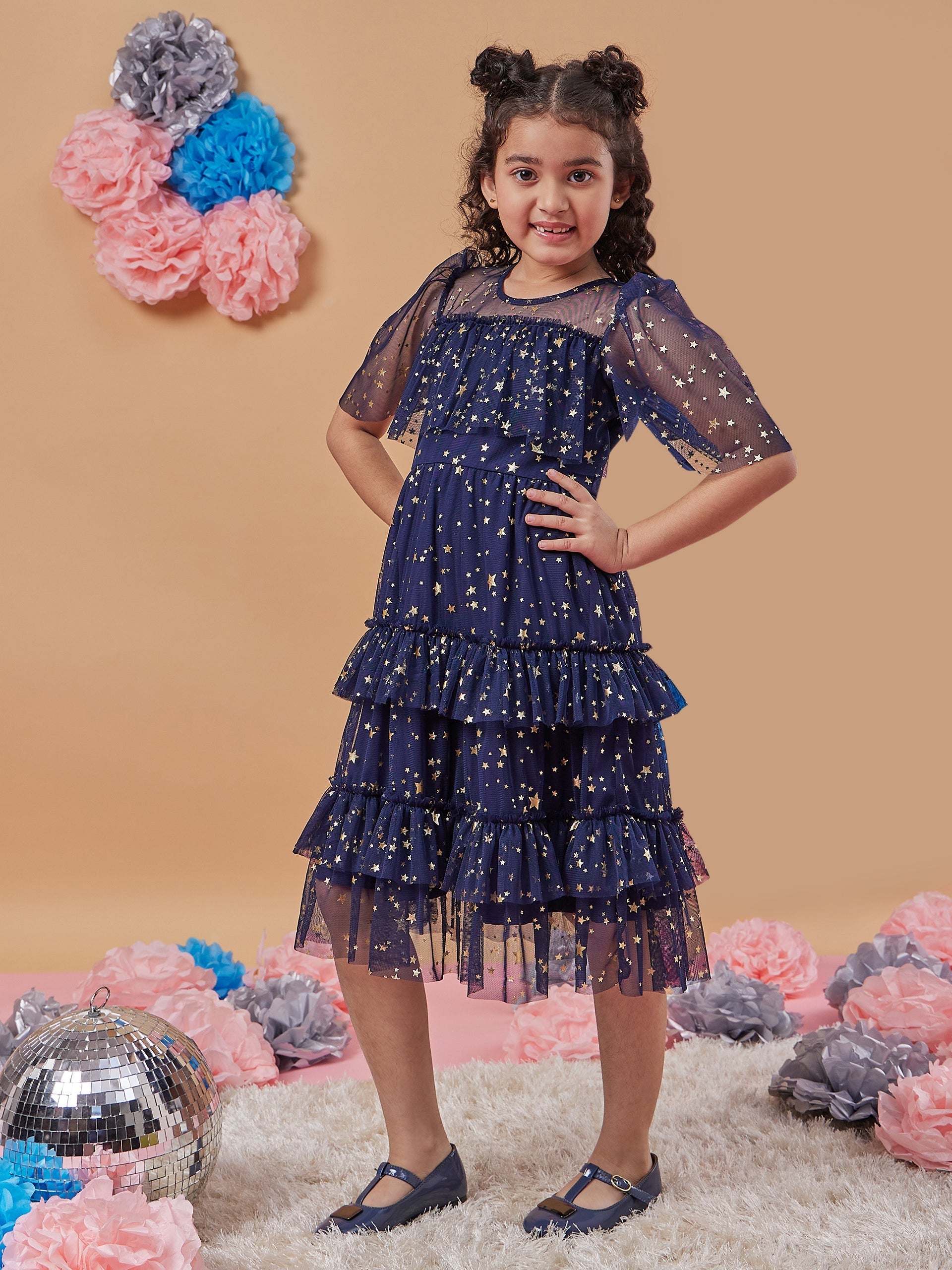 Girls Floral Print Flared Sleeve Net A-Line Midi Dress - PS Peaches