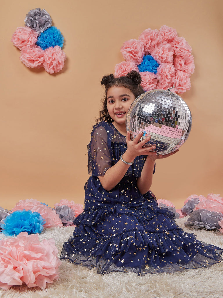 Girls Floral Print Flared Sleeve Net A-Line Midi Dress