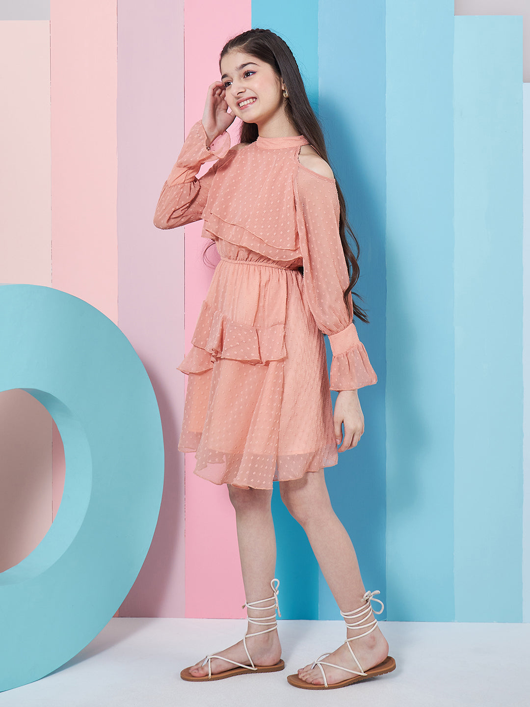 Girls Self Design Halter Neck Bell Sleeves Cut Out Layered Ruffled A-Line Dress - PS Peaches